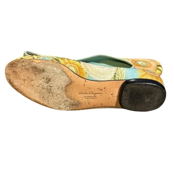 Salvatore Ferragamo Sunflower Scarf Yellow Floral Sz 6.5 Womens Ballet Flats - Picture 2 of 7